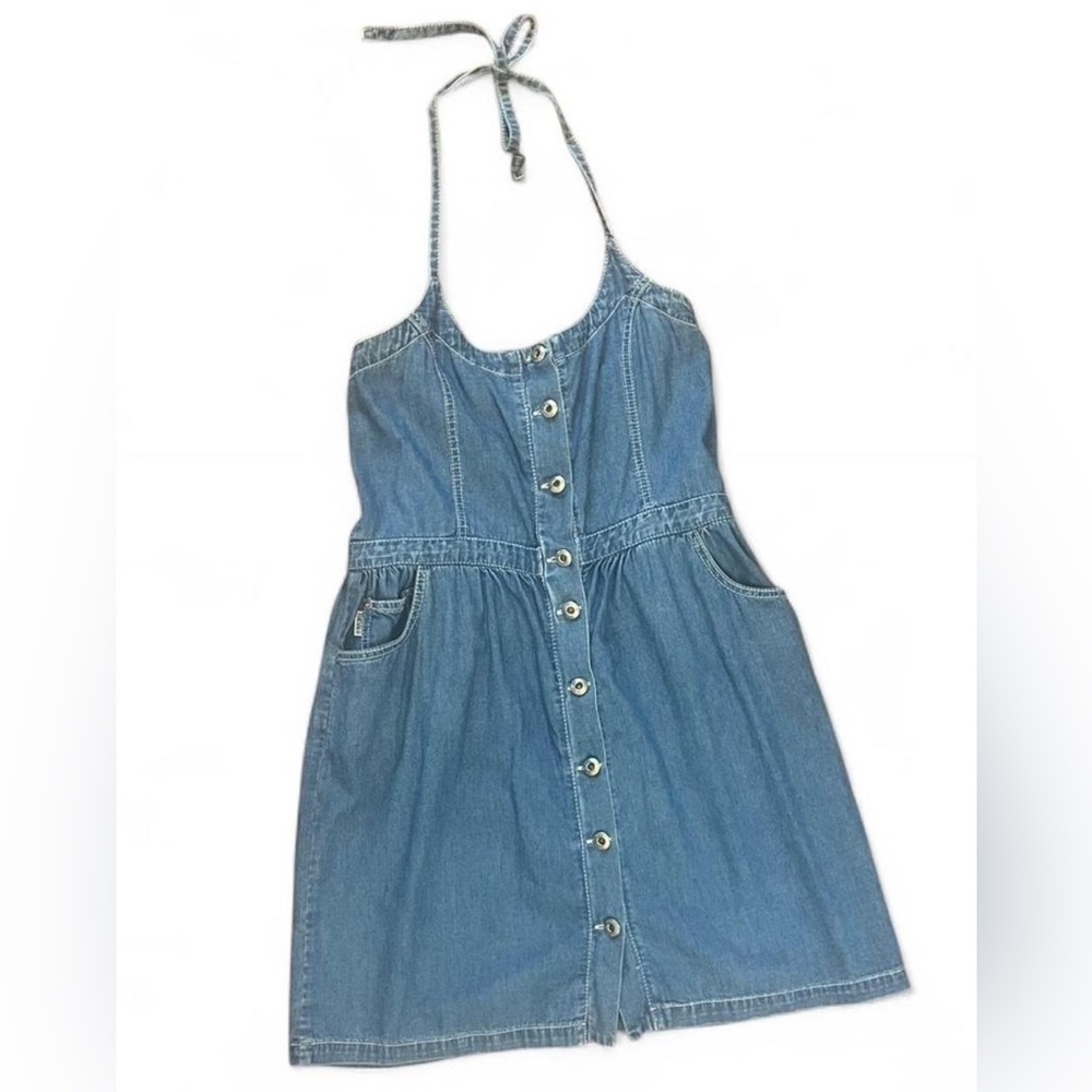 Thisalo Denim Halter Mini Dress Button Front Size M